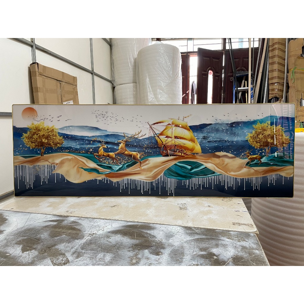 Tranh hươu khổ ngang, tranh tráng gương 5D, siêu bóng đẹp