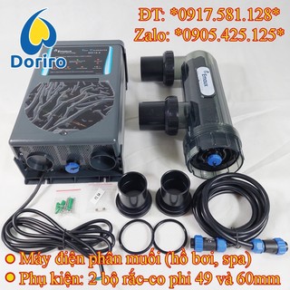 Máy điện phân muối hồ bơi; điện cực bằng titan; mã hiệu ssc; hiệu emaux; dùng cho thể tích hồ bơi 45m3, 70m3, 110m3