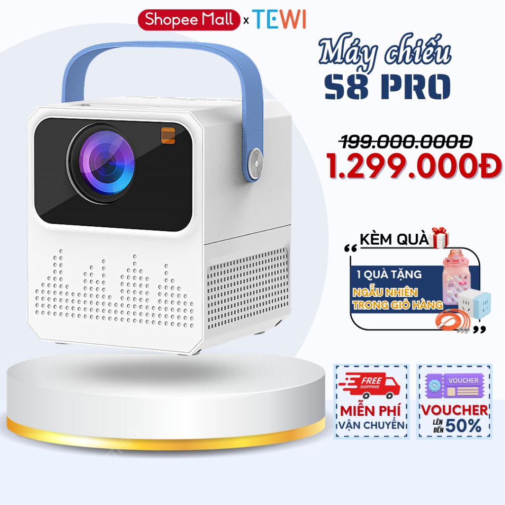 Máy Chiếu Mini TEWI S8 Pro Full HD Kết Nối Wifi, Bluetooth Dễ Dàng Hệ Điều Hành Android Có sẵn Youtube, Netfix