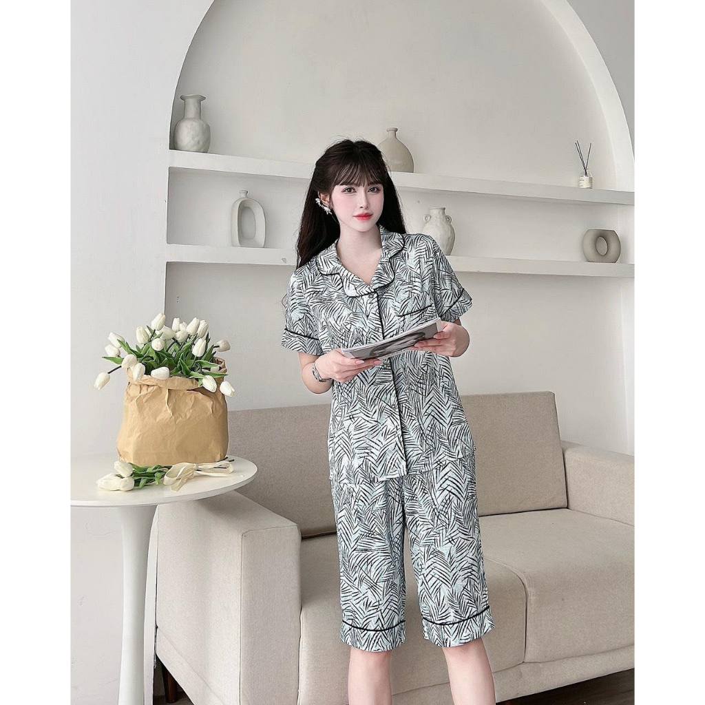 Bộ đồ mặc nhà lụa Latin cao cấp Chillwear, dáng áo cộc quần ngố họa tiết hình đơn giản độc đáo trẻ trung