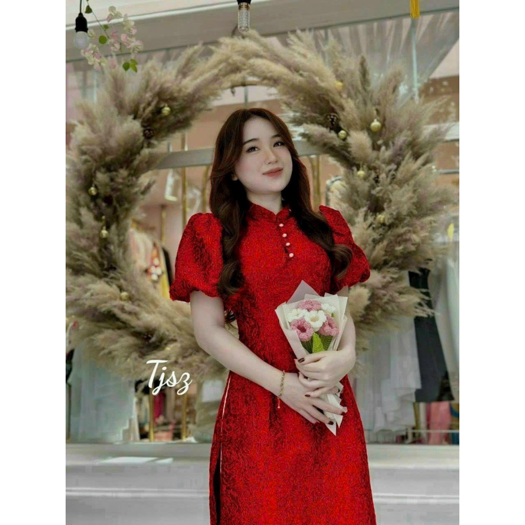 Set áo dài cách tân diện tết thiết kế cổ tàu chất gấm xốp hoa nổi kèm quần ống rộng