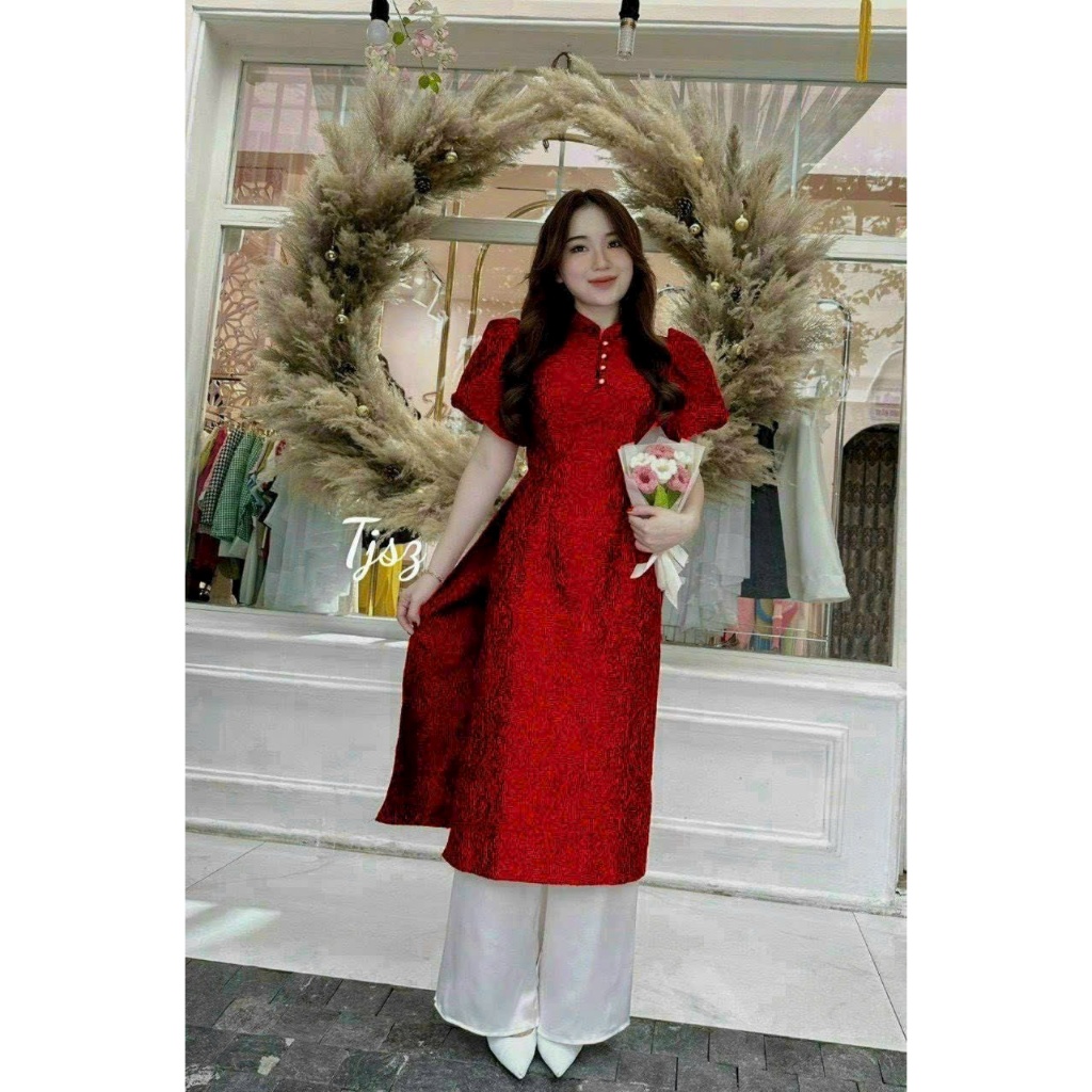 Set áo dài cách tân diện tết thiết kế cổ tàu chất gấm xốp hoa nổi kèm quần ống rộng