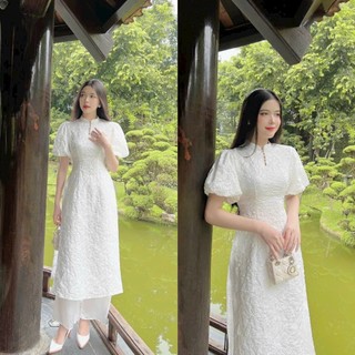 Set áo dài cách tân gấp xốp tay phồng màu trắng kèm quần ống rộng