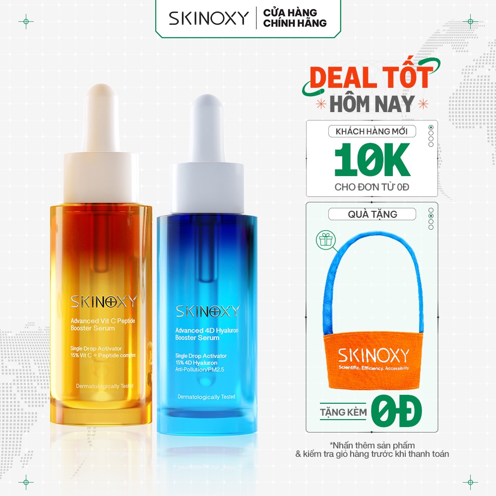 Bộ đôi dưỡng chất X2 dưỡng ẩm , sáng da 15% BOOSTER SKINOXY ADVANCED VIT C PEPTIDE 30ml + 4D HYALURON 30ml