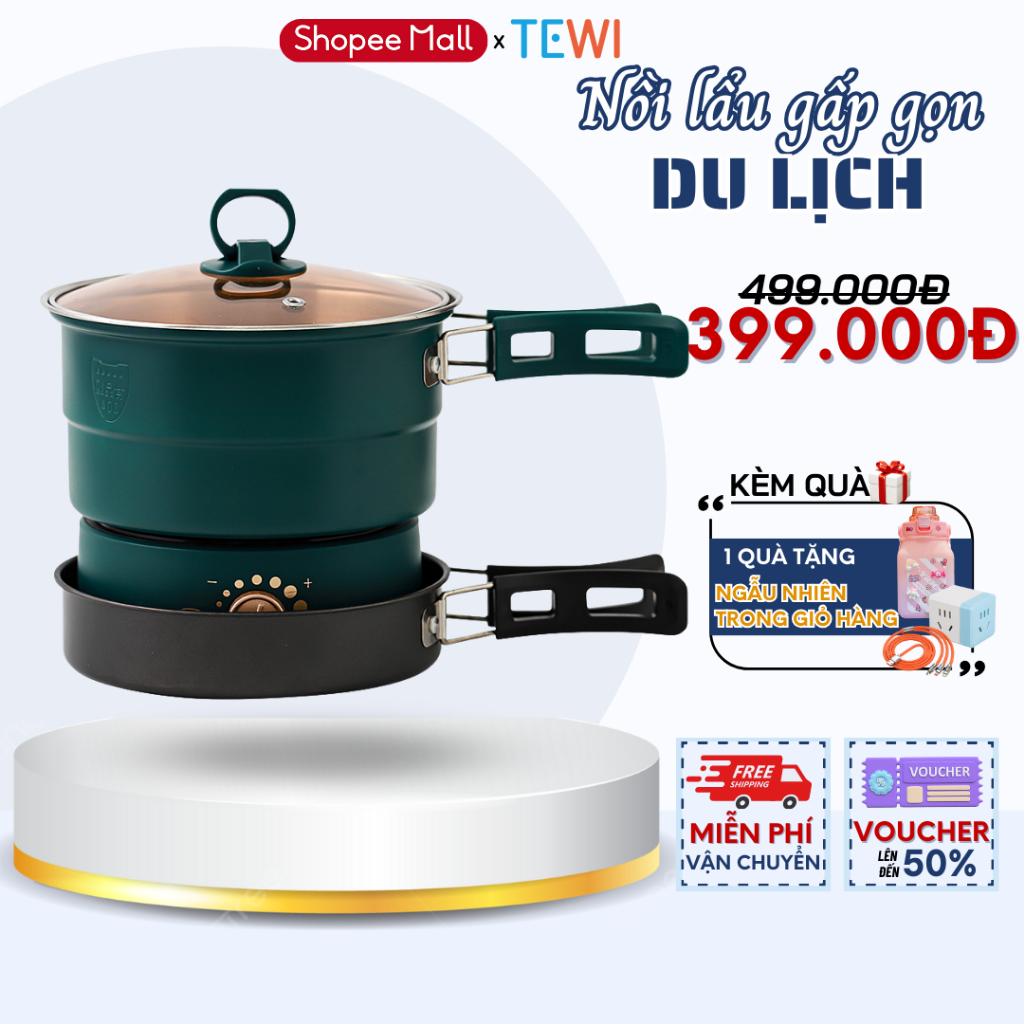 Nồi Lẩu Điện Đa Năng Kèm Chảo Chống Dính Công Suất 500W Tay Cầm Gấp Gọn Khay Hấp Tiện Dụng