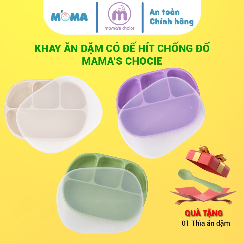 Khay ăn dặm slicon có đế hít chống trượt, chống đổ và nắp đậy cao cấp Mama's Choice