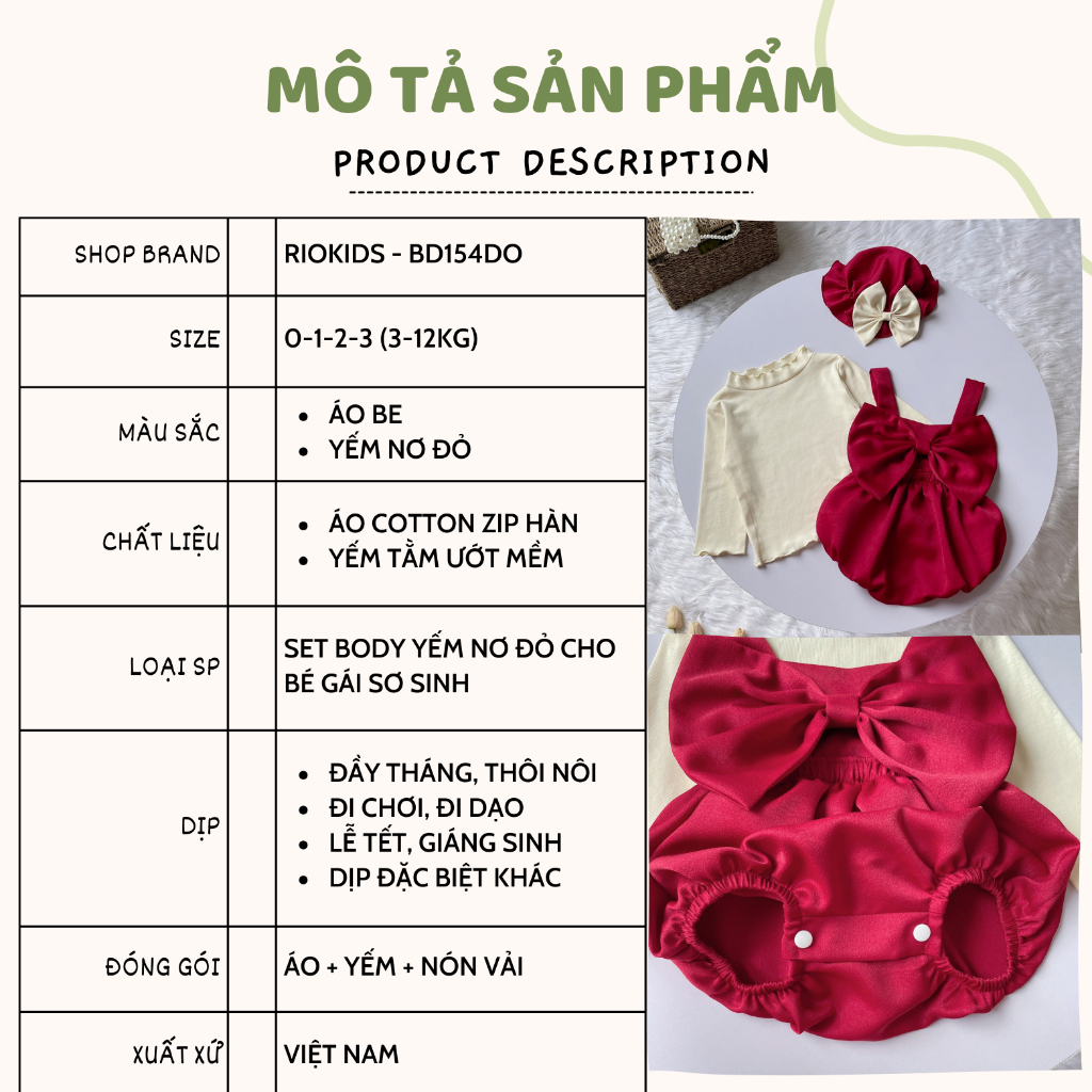 Set body yếm cho bé gái sơ sinh RIOKIDS, quần áo đầy tháng, thôi nôi nơ đỏ cho bé đi chơi Lễ Tết BD154
