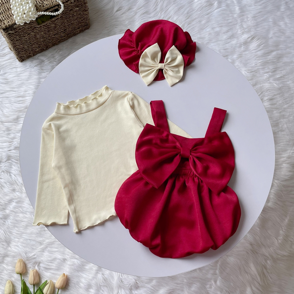 Set body yếm cho bé gái sơ sinh RIOKIDS, quần áo đầy tháng, thôi nôi nơ đỏ cho bé đi chơi Lễ Tết BD154