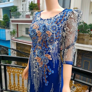 Đầm Dạ Hội Phối Hoa , Thiết Kế Tay Phồng , Sang Trọng Cao Cấp