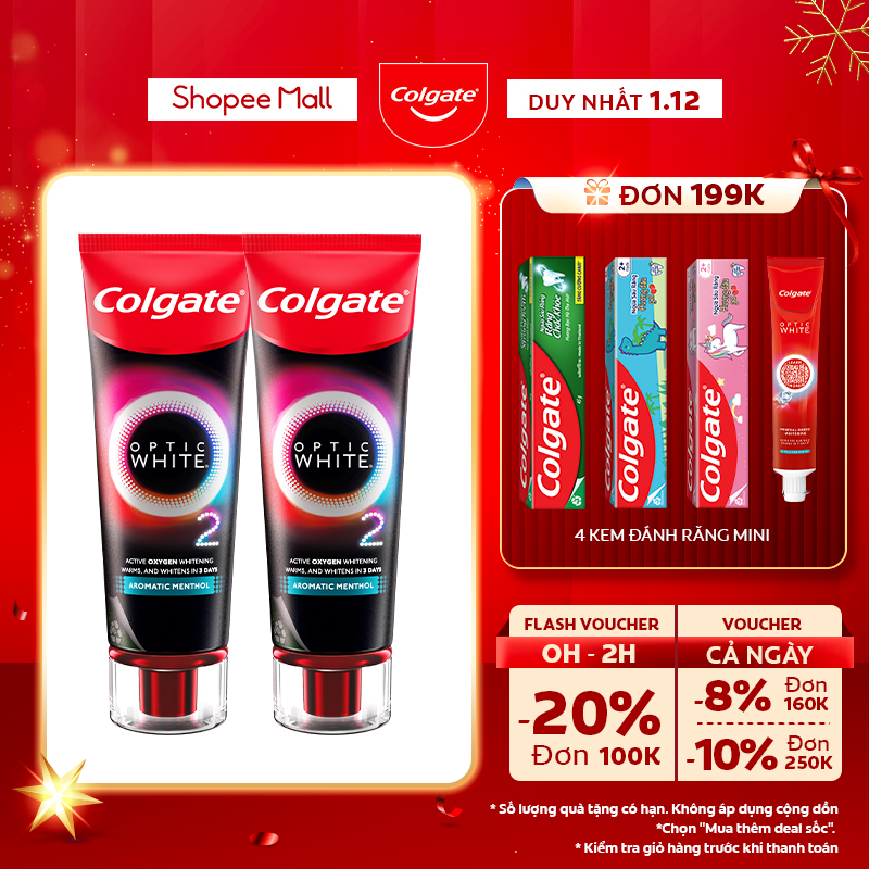 Bộ 2 Kem Đánh Răng Colgate trắng răng TRONG 3 NGÀY Optic White O2 với Oxy Hoạt Tính 85g/tuýp