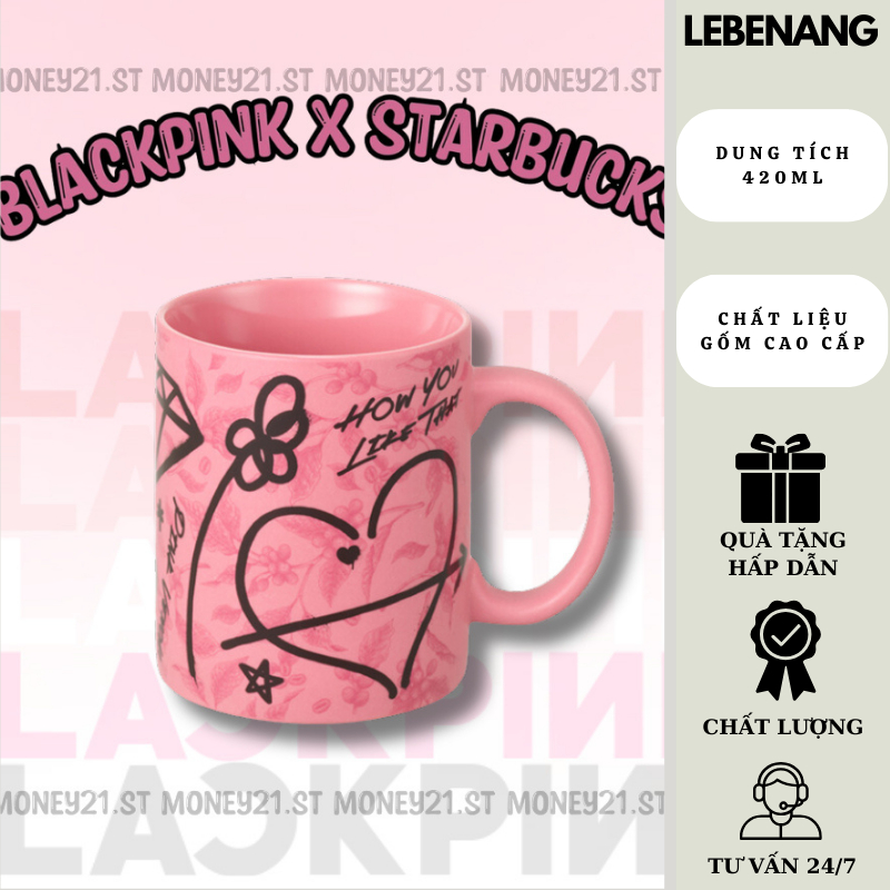 Cốc gốm Blackpink x Starbucks 472ml, Cốc uống nước fullbox hãng Lebenang