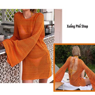 (Hàng đẹp- sang trọng) Áo khoác len lưới dài tay đi biển mặc ngoài bikini phom rộng, màu cam chất dày dặn #AR022