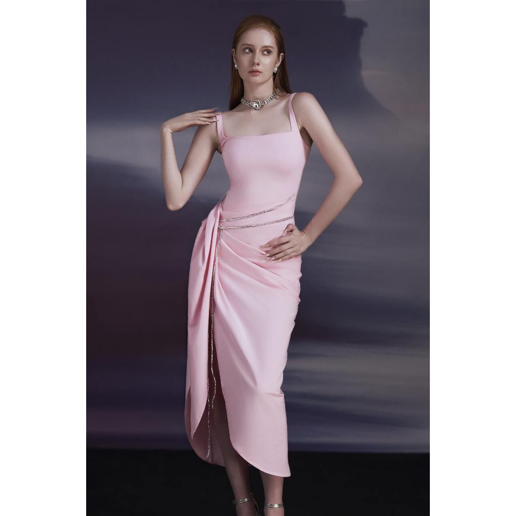 Đầm hai dây dáng dài thiết kế CHOCOO GOSCELINE LONG DRESS - BLACK & PINK chất liệu thun cotton co giãn xẻ tà hack dáng