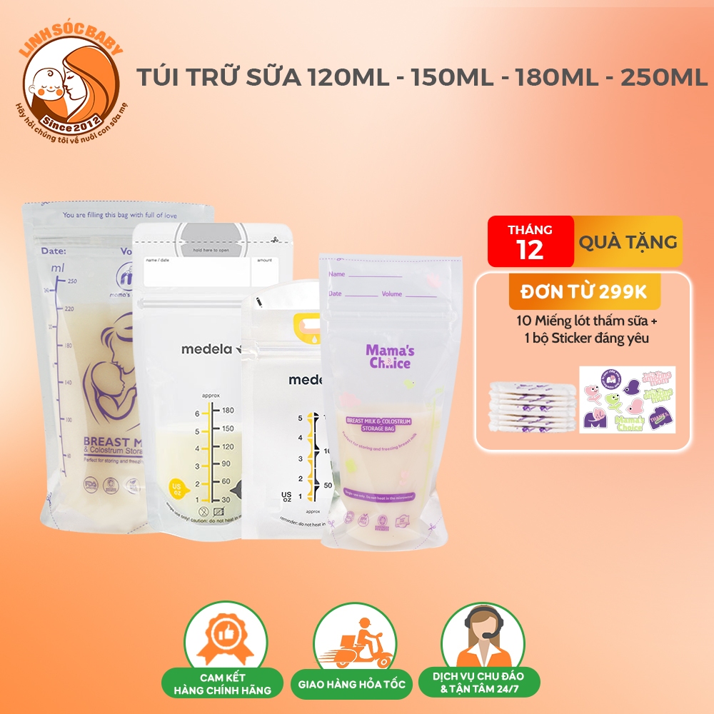 Túi trữ sữa 120ml-150ml-180ml-250ml chính hãng (lẻ 10 túi) | Túi đựng sữa mẹ thương hiệu Medela, Mama's Choice