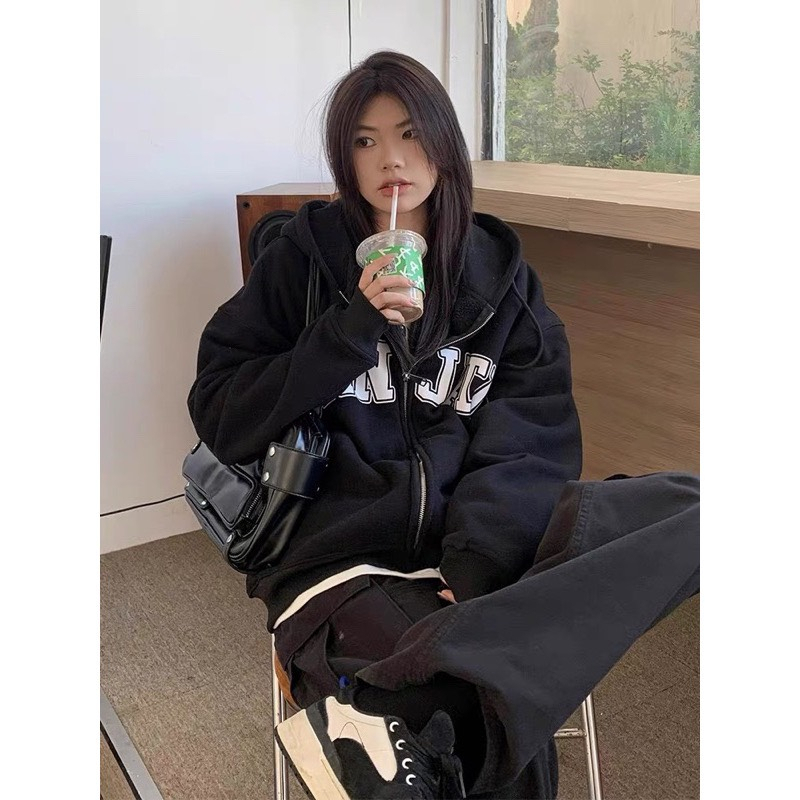 Hoodie Zip - Áo Khoác Nỉ Bông Form Rộng Unisex In Chữ SANJATI Nam Nữ Siêu Đẹp Hót 2023