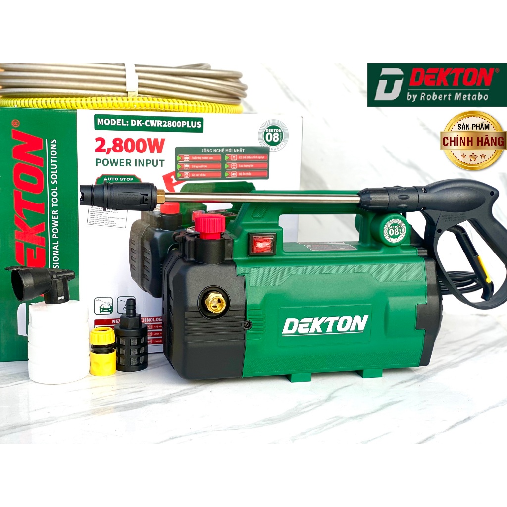 Máy rửa xe 2800w Dekton DKCWR 2800plus chỉnh áp chính hãng siêu bền siêu mạnh Thế hệ 2024 trang bi công tắt chống giật