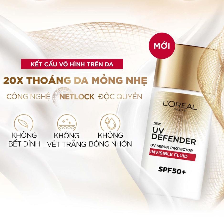 Kem Chống Nắng x20 Loreal Paris màu đỏ UV Defender Invisible Fluid 50ml SPF 50+ Thoáng Da Mỏng Nhẹ