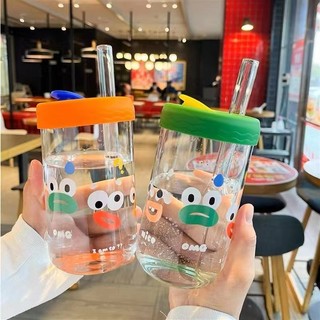 Bình nước thủy tinh biểu cảm dễ thương 550ml kèm nắp và ống hút thủy tinh tiện lợi