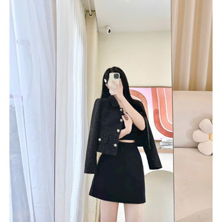 Áo dạ tweed cổ sen đen cúc đồng