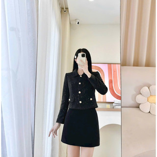 Áo dạ tweed cổ sen đen cúc đồng