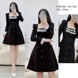 Đầm nhung phối viền ren chanh xả