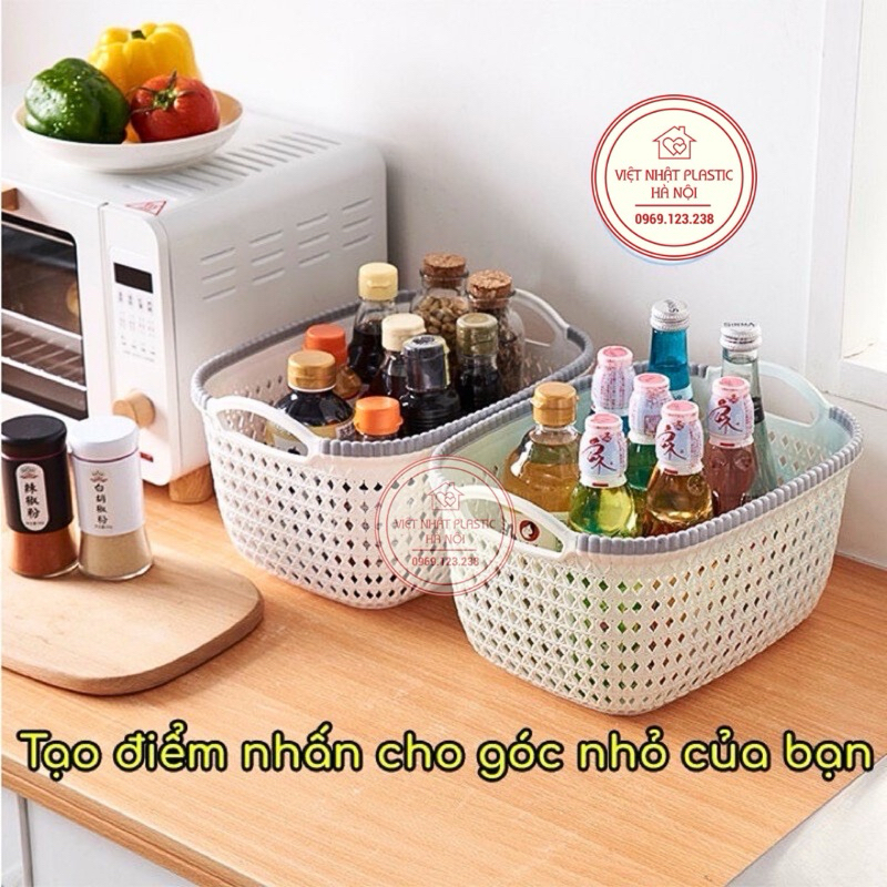 Rổ nhựa giả đan mây có quai cầm Việt Nhật, giỏ hoa 2 size màu pastel xinh xắn