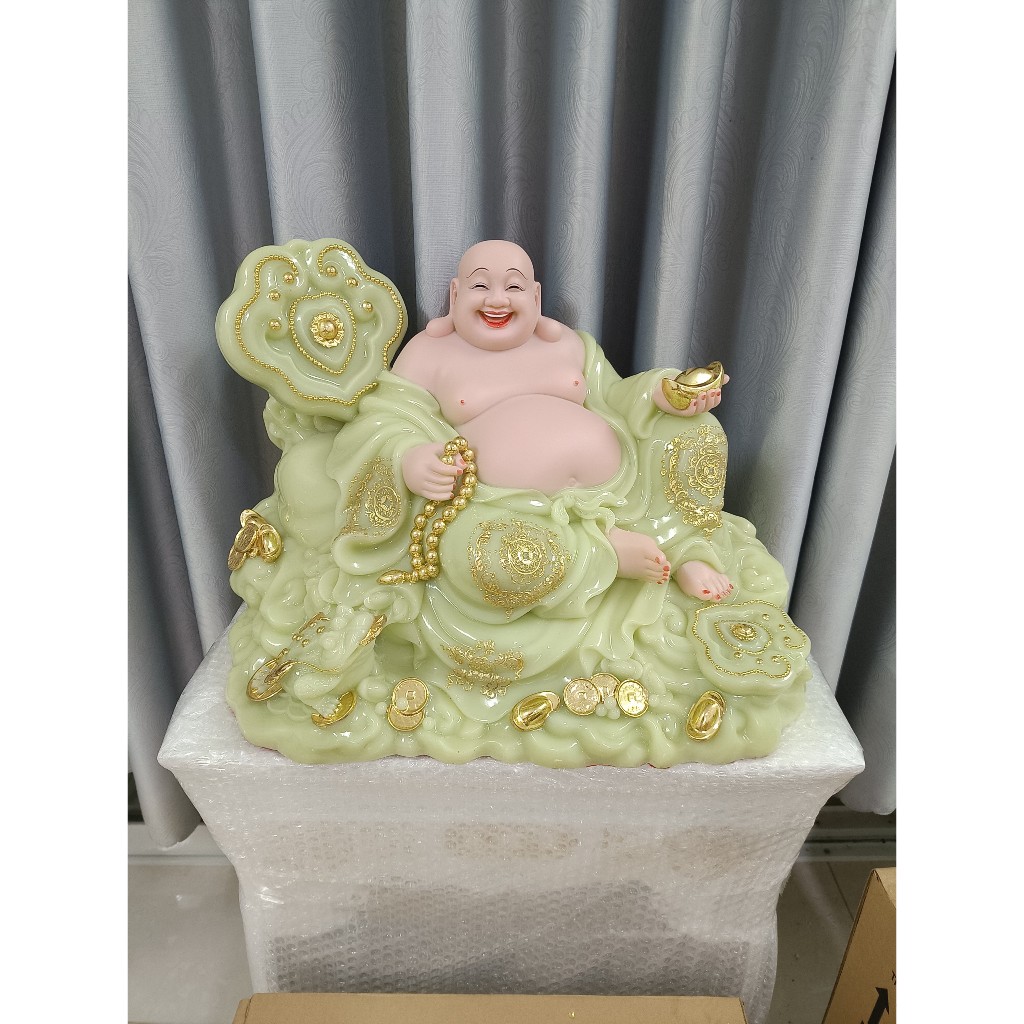 Tượng Phật Di Lặc ngồi gậy như ý 19 inch cao 32cm ngang 46cm sâu 30cm