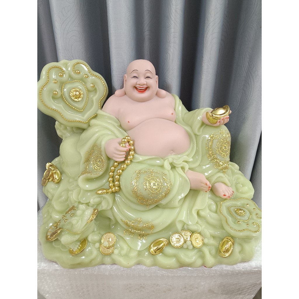 Tượng Phật Di Lặc ngồi gậy như ý 19 inch cao 32cm ngang 46cm sâu 30cm