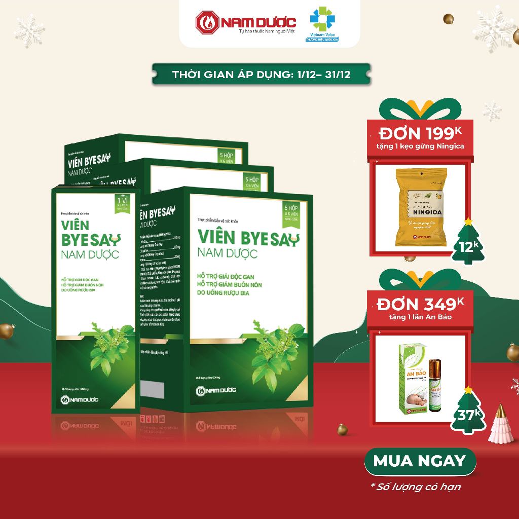 Combo 3 hộp Viên Byesay Nam Dược 5 vỉ x 6 viên giảm say rượu bia, giảm triệu chứng, tăng cường chức năng giải độc