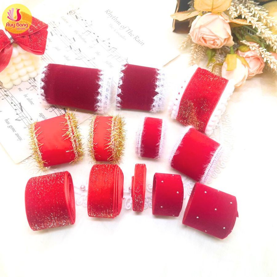 Ruy băng nhung đỏ trang trí noel, kẹp tóc...