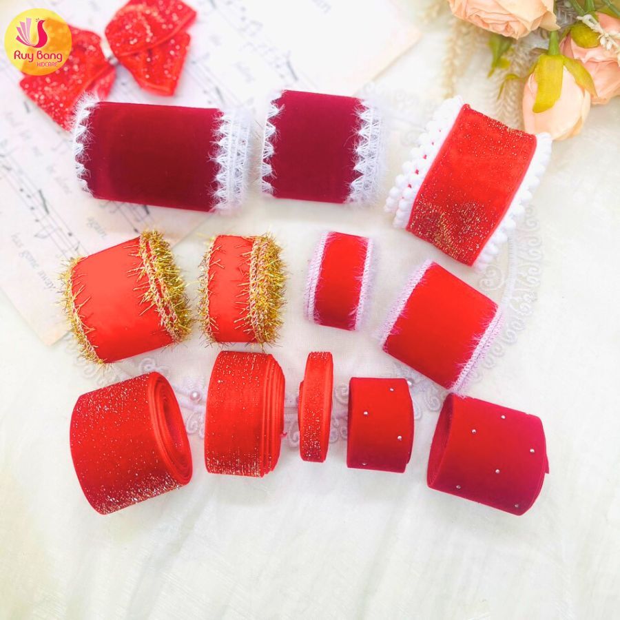 Ruy băng nhung đỏ trang trí noel, kẹp tóc...