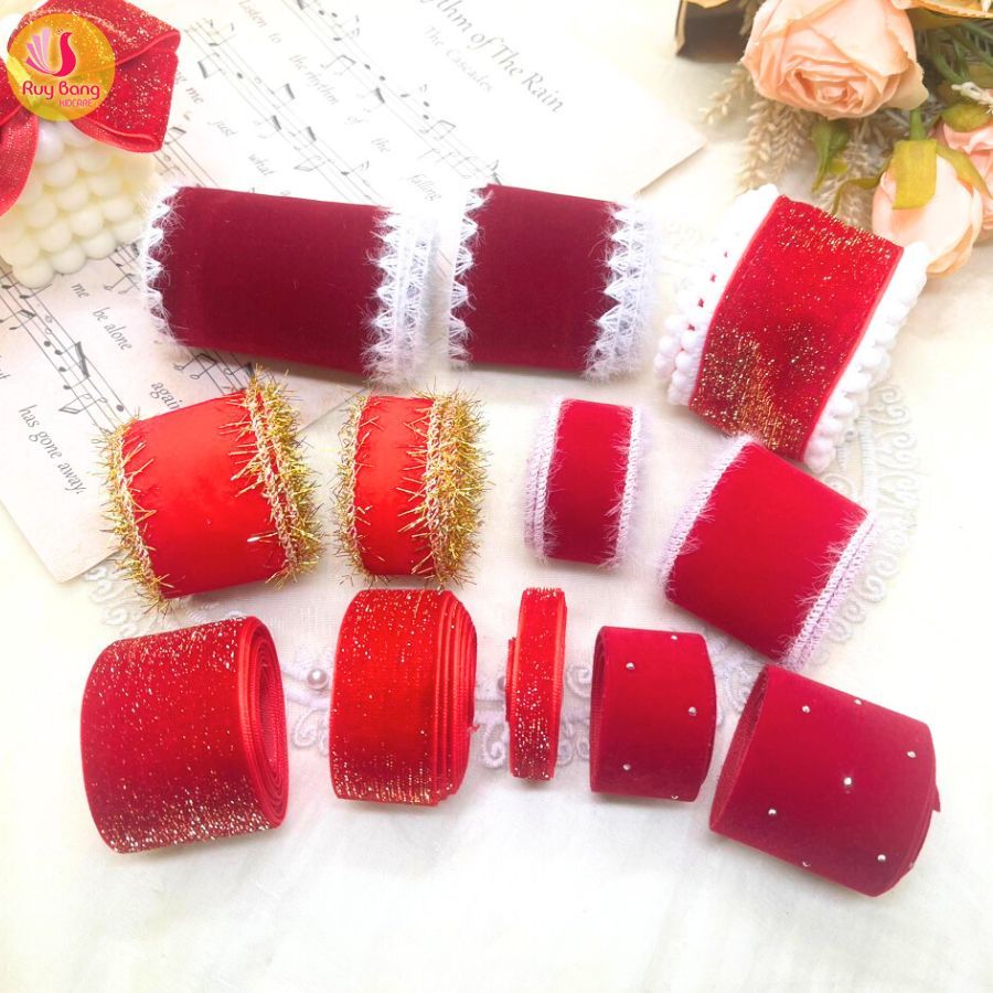 Ruy băng nhung đỏ trang trí noel, kẹp tóc...