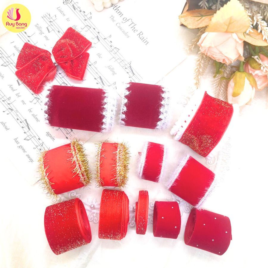 Ruy băng nhung đỏ trang trí noel, kẹp tóc...