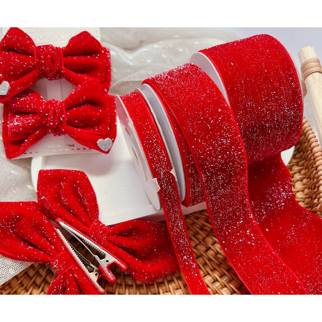 Ruy băng nhung đỏ trang trí noel, kẹp tóc...