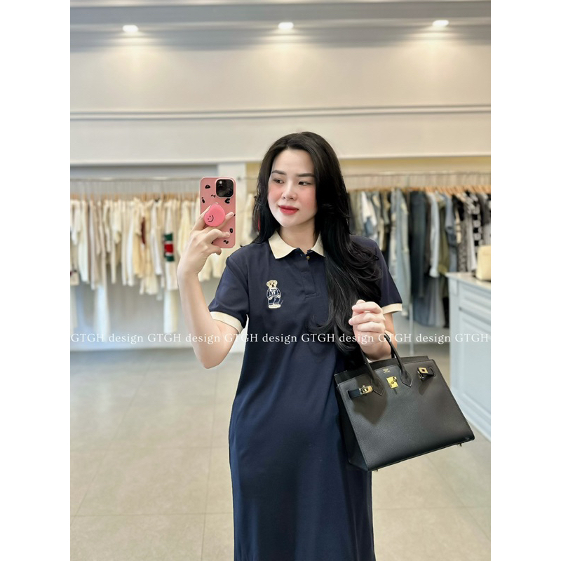Váy xuông polo thêu gấu in hình gấu lưng chất cottong polo mềm mát
