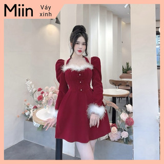 Váy nhung phối lông trắng dây cổ 3 nơ