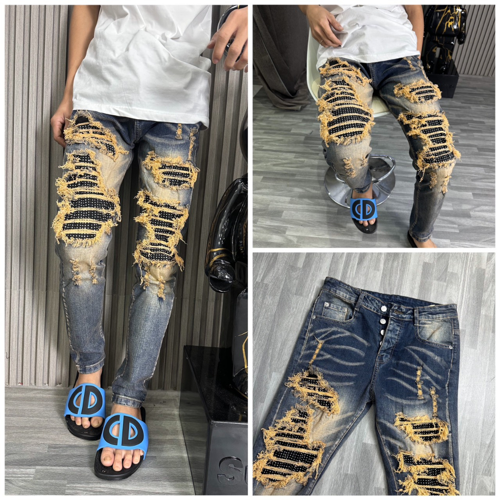 Quần Jeans Amiri Xanh Wash Rách Đính Đá - Form Slimfit - Quần jean nam xanh đậm đính đá chất denim cao cấp