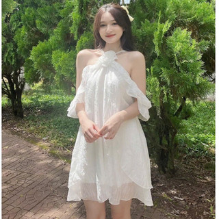  Đầm cổ yếm rớt vai váy voan tơ hở vai thiết kế dáng babydoll cách điệu cho nàng đi tiệc đi biển xinh xắn tiểu thư- MP 