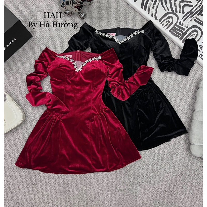 Váy nhung trễ vai, đầm nhung tiểu thư đính đá 2 màu