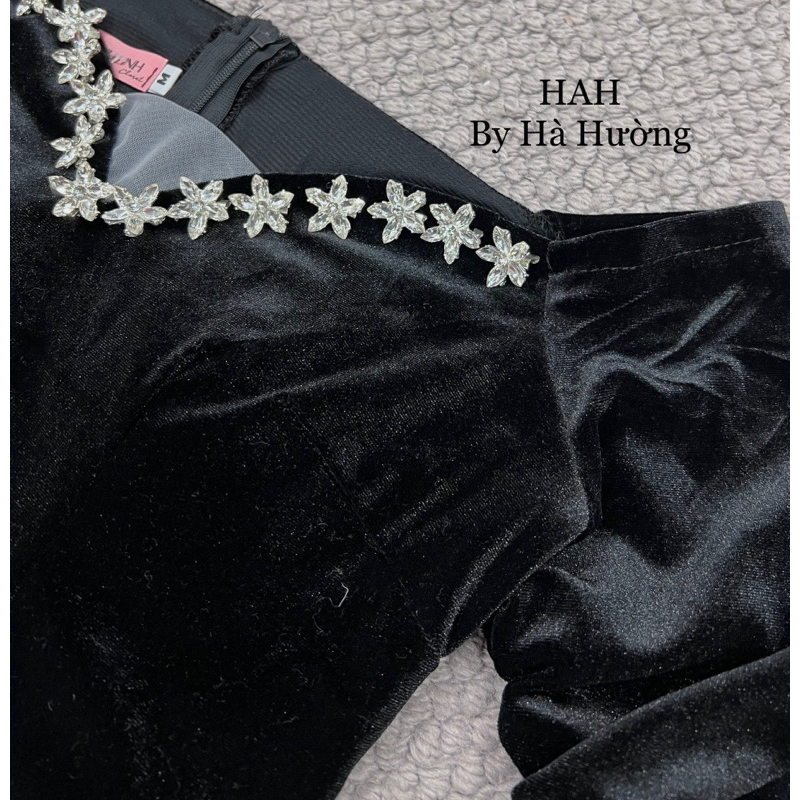 Váy nhung trễ vai, đầm nhung tiểu thư đính đá 2 màu