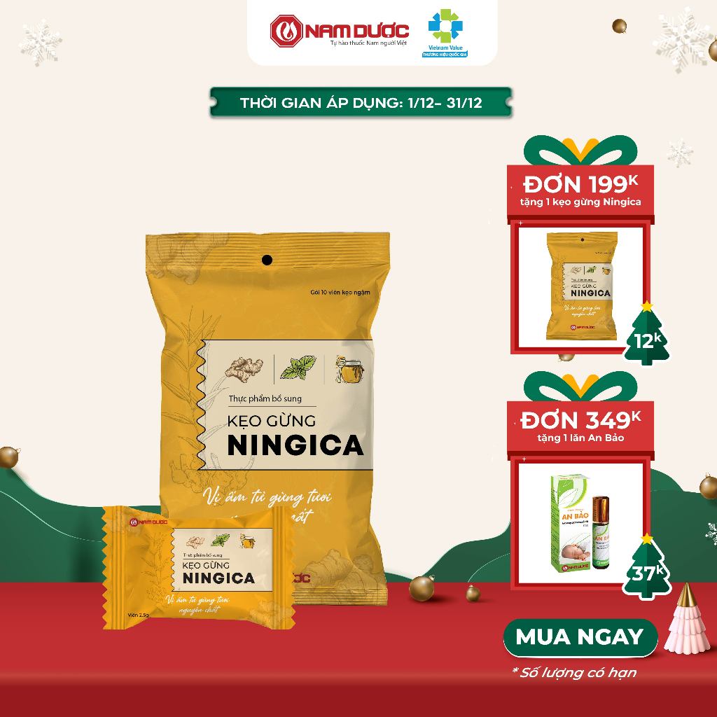 Kẹo gừng Ningica, viên ngậm ho, đau họng, giảm chướng bụng đầy hơi, phòng cảm lạnh, chống say xe Bịch 10 gói x 10 viên.