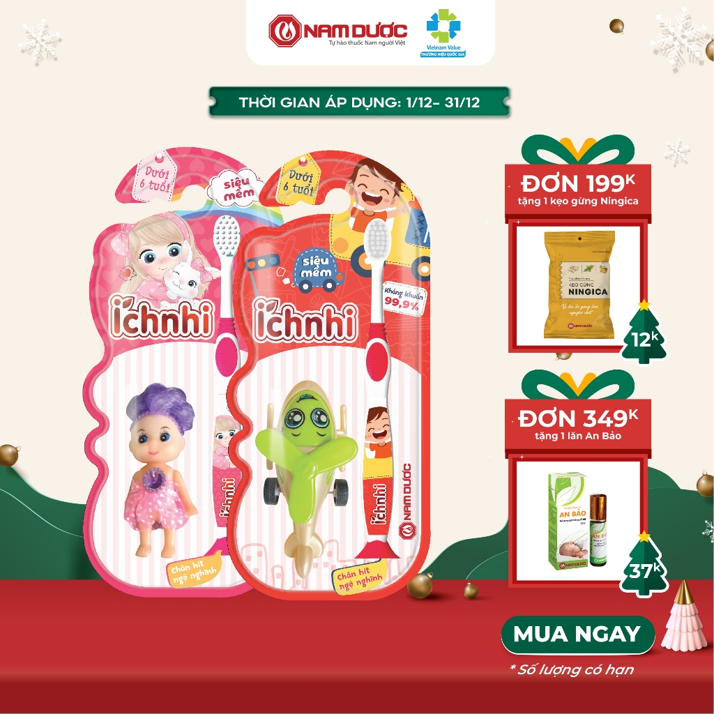 Bàn Chải Đánh Răng cao cấp Ích Nhi cho trẻ em (dưới 6 tuổi) kèm đồ chơi cho bé, lông siêu mềm mịn, kháng khuẩn 99.9%