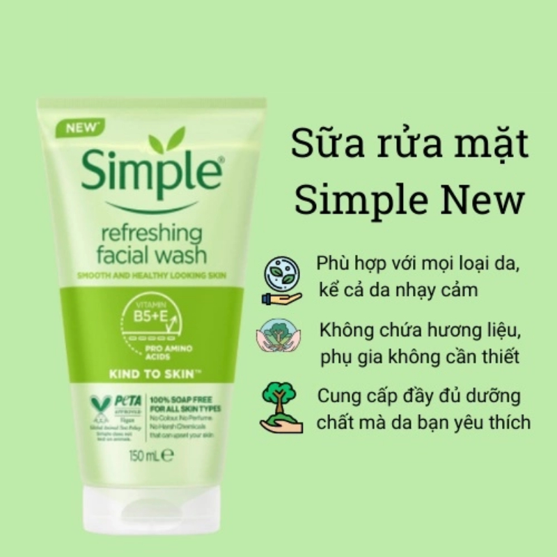 Sữa rửa mặt Sim ple dịu nhẹ da sáng mịn da giảm dầu thừa Refreshing Facial Wash 150ml