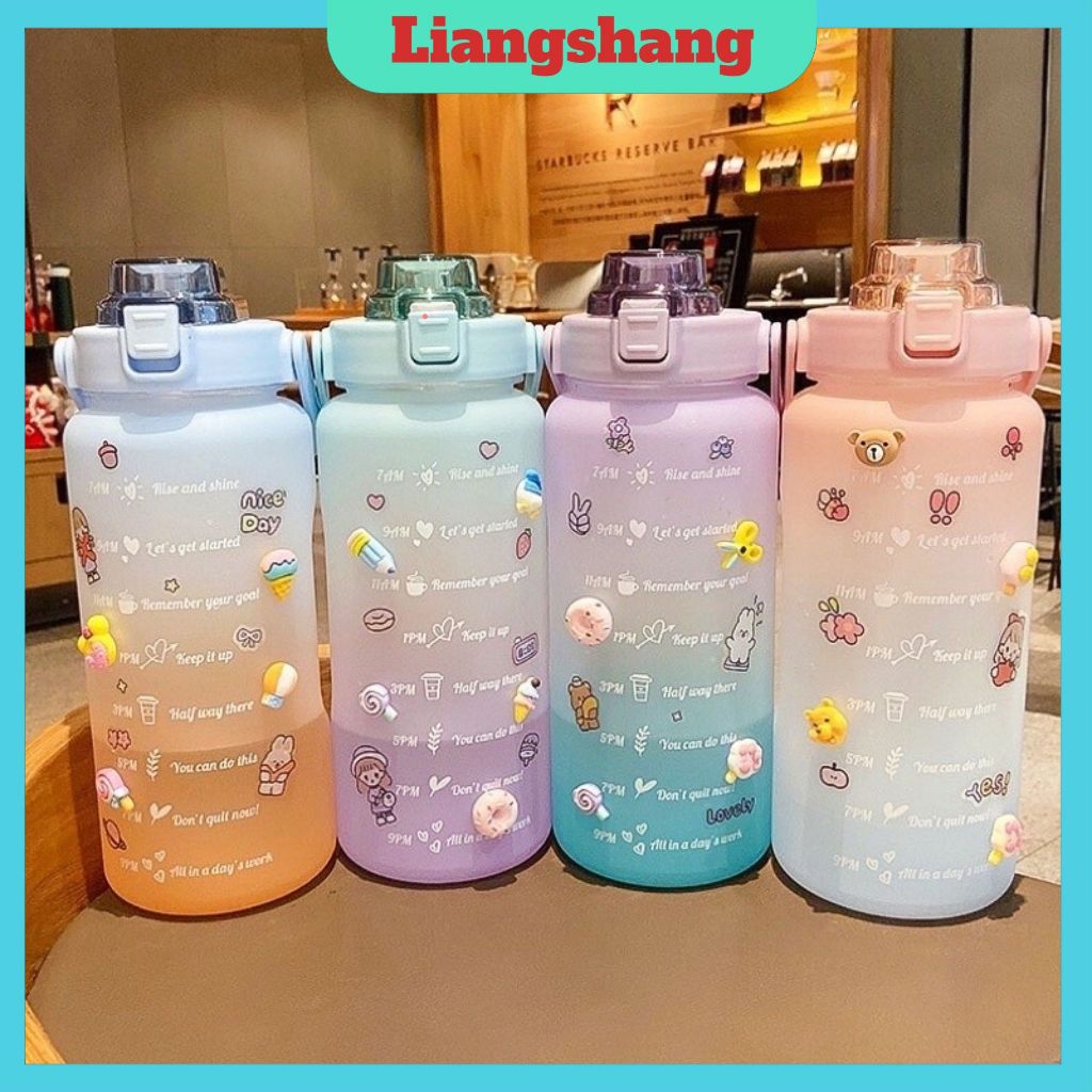 Bình nước 2 lít 🍁FREESHIP🍁Bình màu cầu vồng cute cỡ 2000ml có ống hút, vạch chia nhắc giờ (tuyển sỉ).