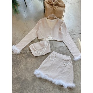Set 3 món dạ tweed phối lông vũ 2 size S M