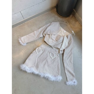 Set 3 món dạ tweed phối lông vũ 2 size S M
