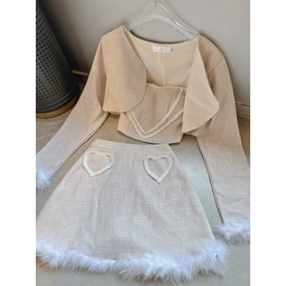 Set 3 món dạ tweed phối lông vũ 2 size S M