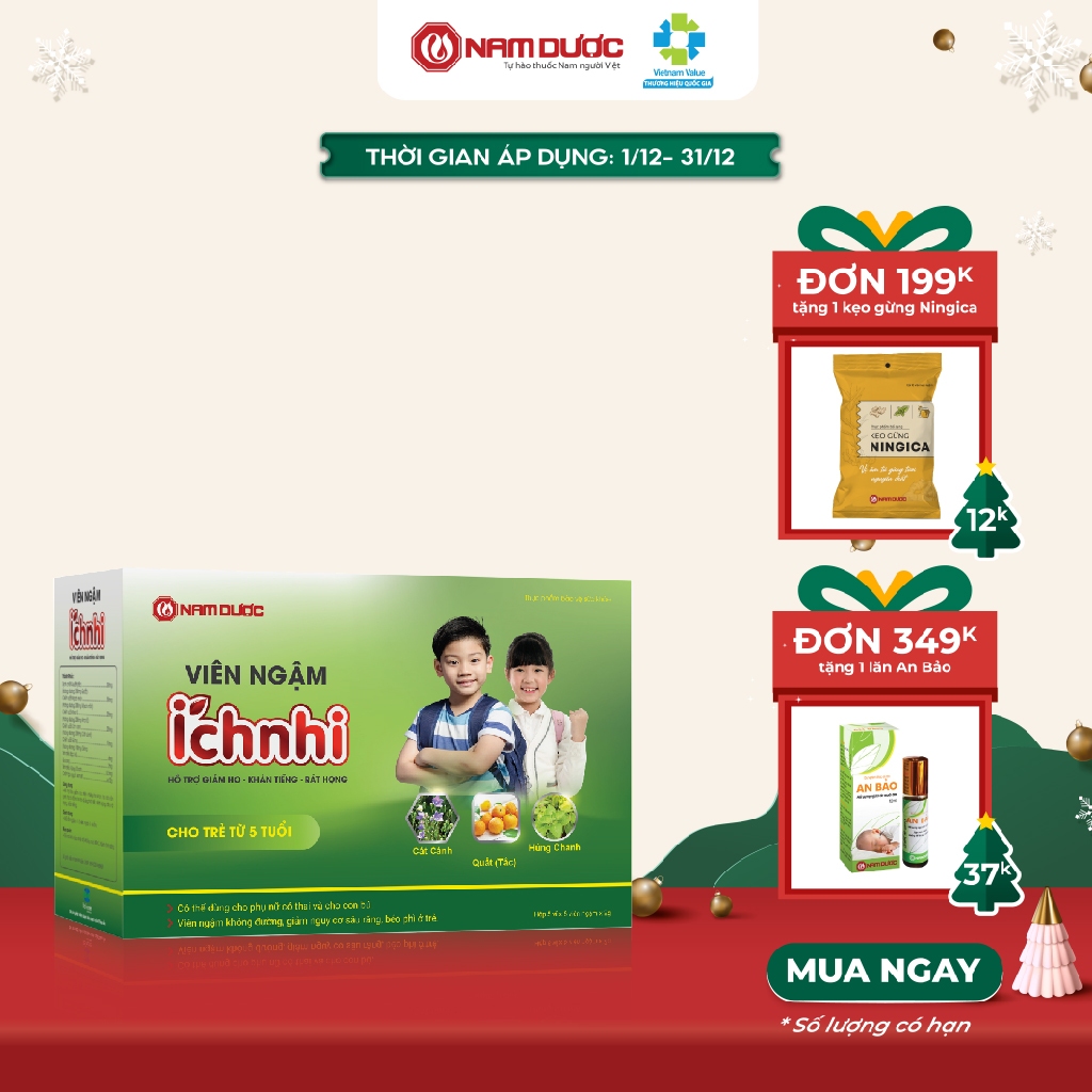 Viên ngậm Ích Nhi hộp 30 viên ngậm hỗ trợ giảm ho, giảm đau họng, khàn tiếng cho trẻ em, phụ nữ có thai, cho con bú