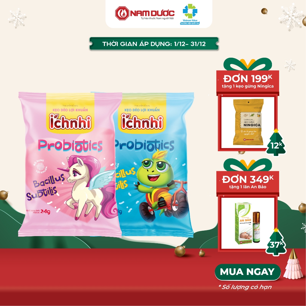 Kẹo dẻo lợi khuẩn Ích Nhi (dây 10 gói) chứa lợi khuẩn bacillus subtilis hỗ trợ tiêu hóa, đề kháng, tăng hấp thu