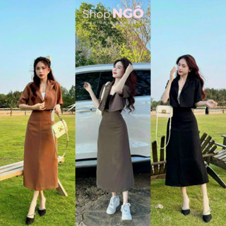 Set váy vest 3 món nữ (KÈM 3 MÀU SHOP CHỤP) áo crotop tay ngắn mix chân váy dáng chữ A dài thanh lịch shop ngô fashion